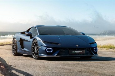 a Lamborghini car speeds on a desert road