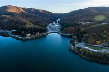 A view of lake Brasimone with the Research Centre in the background